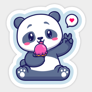 Cute Panda Eating Ice Cream Cartoon Sticker